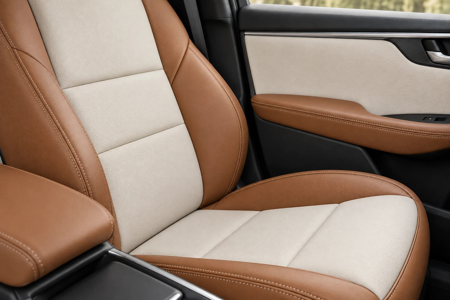 Upholstery concept showing tan and off white car seat panels with matching door trim