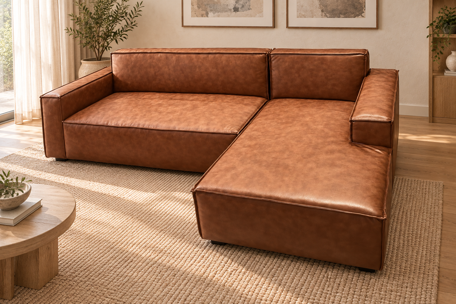 Ergo cognac leather-look sofa with a right-hand chaise and dark piping in a softly lit room with oak flooring