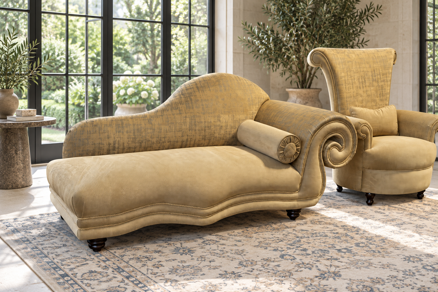 Havanna antique-gold chaise with a scroll arm and bolster cushion beside a matching chair in a bright garden room