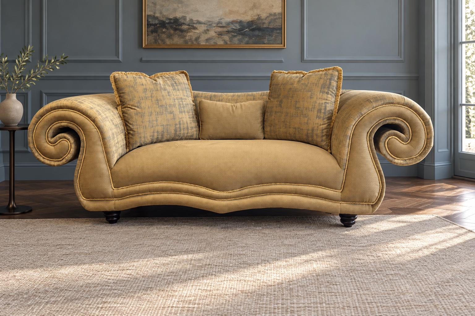 Havanna antique-gold sofa with spiral scroll arms and rope piping in a blue-grey panelled sitting room