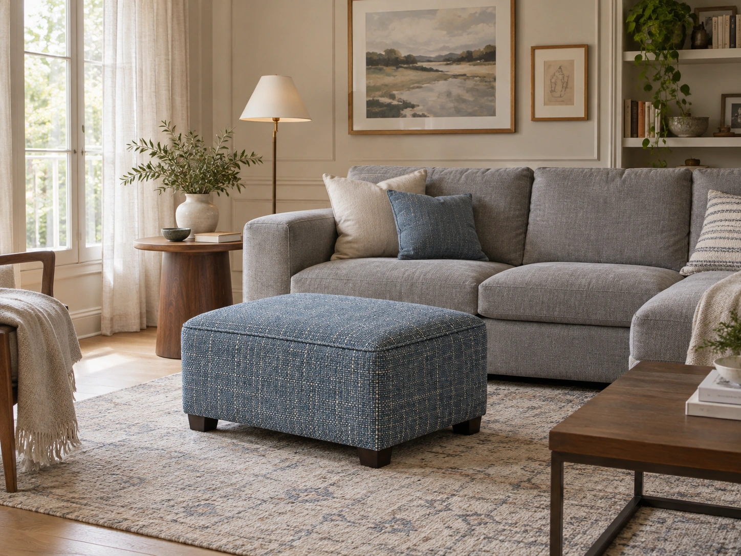 A small blue Lisbon woven ottoman arranged beside a sofa