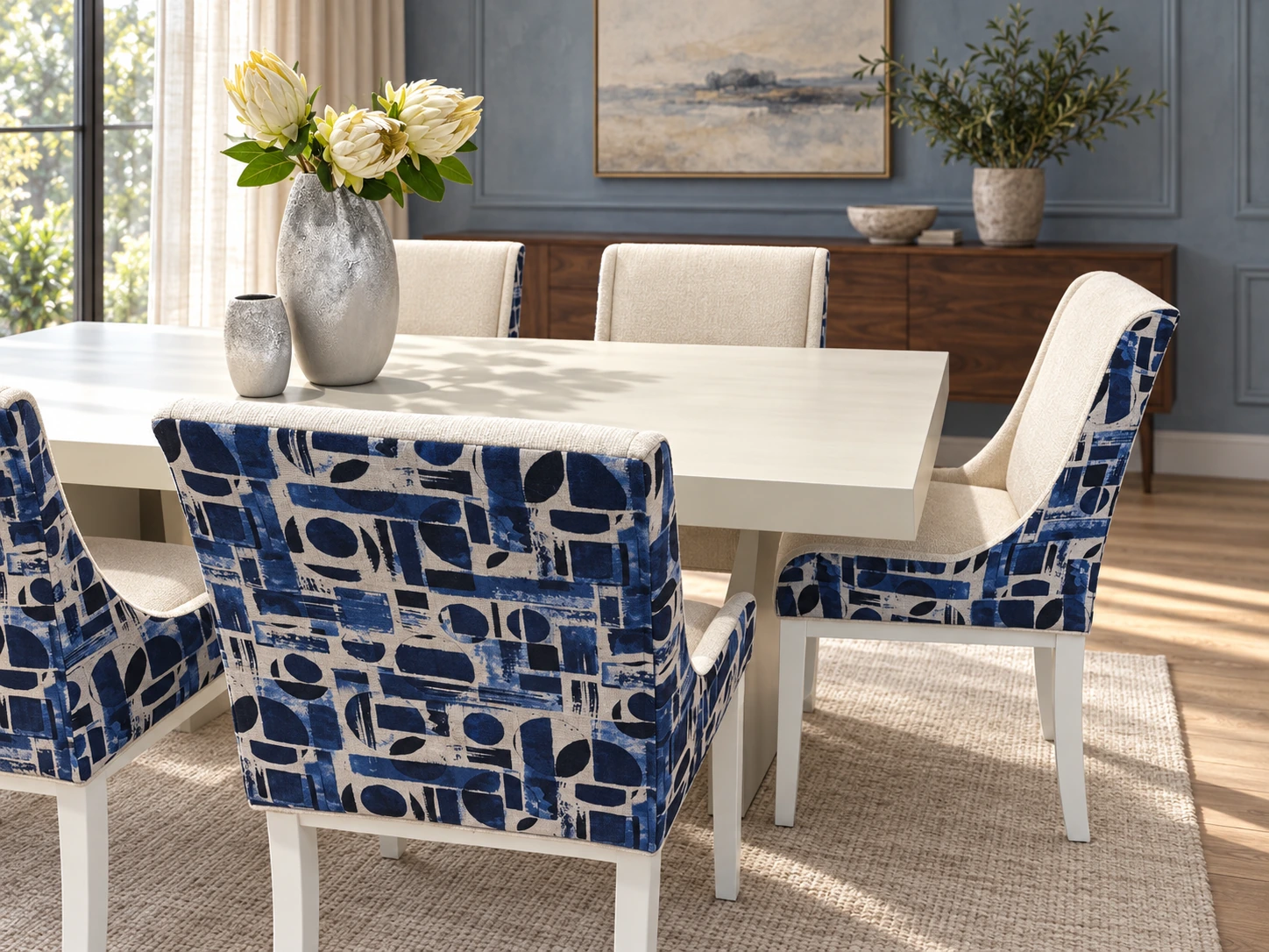 Close-up of Los Blancos blue geometric chair backs and cream upholstered fronts beside an ivory table in a blue-walled dining room