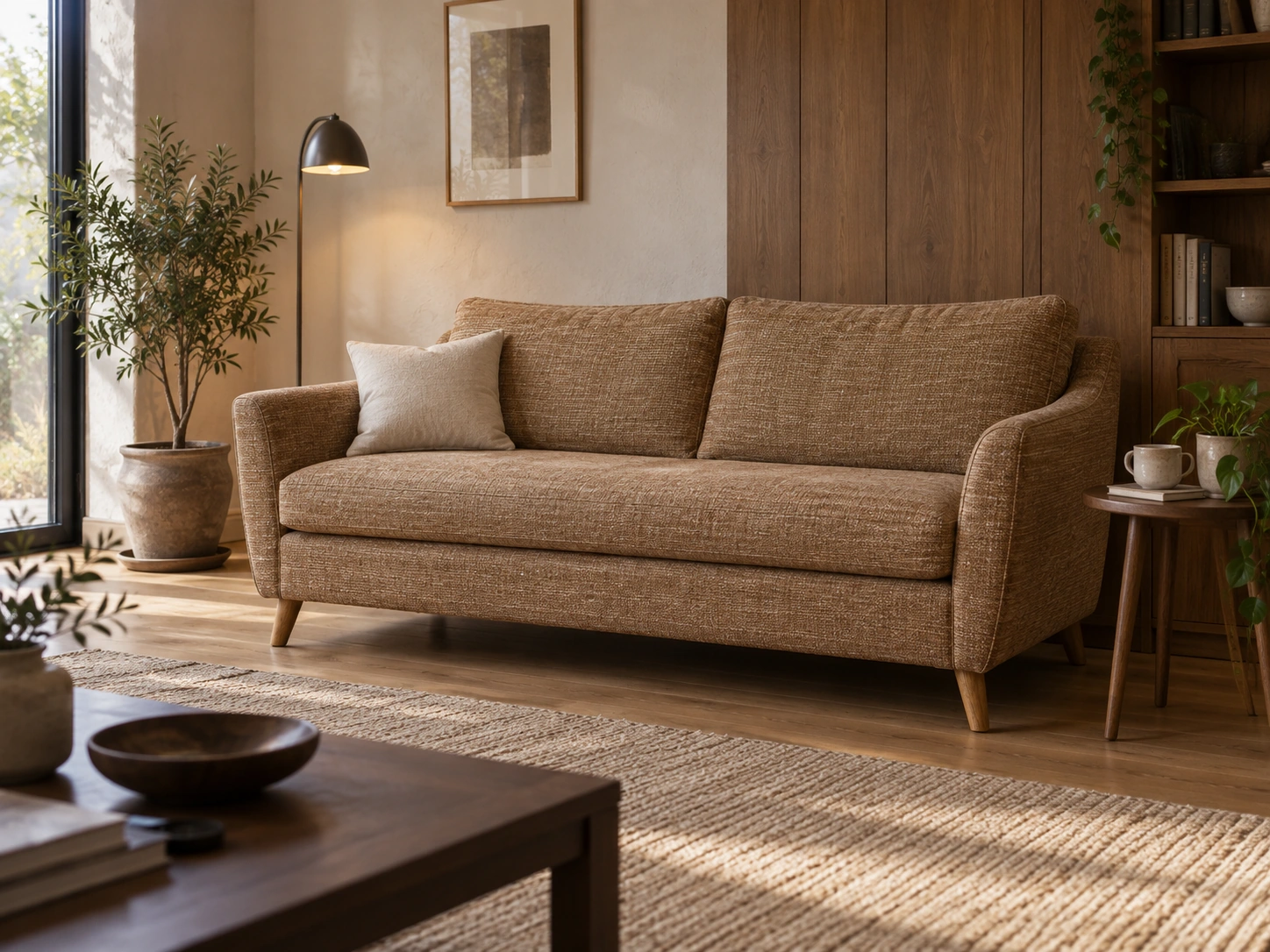Milano Caramel upholstery on a compact sofa in a living room