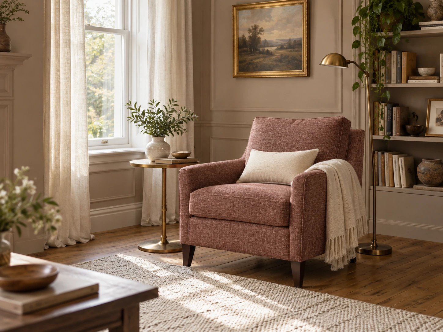 A Samba Marsala reading chair angled beside a window