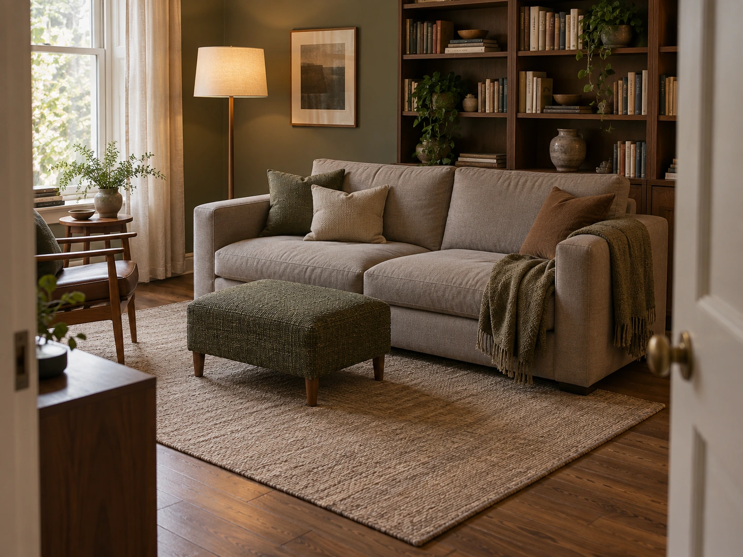 A small Twilight Forest woven footstool arranged in front of a sofa
