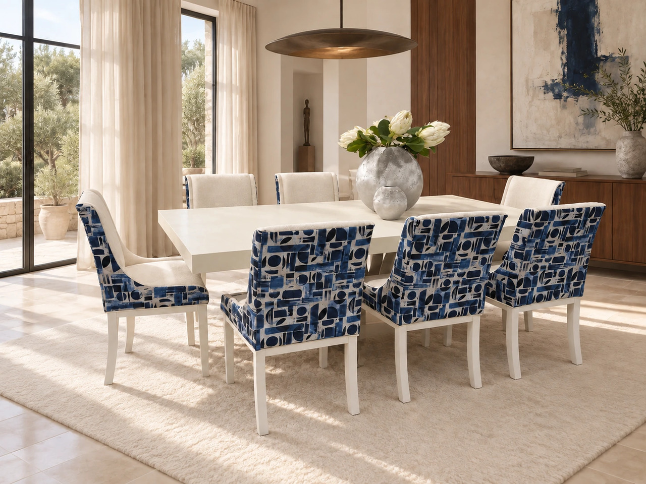 Los Blancos blue and cream patterned dining chairs in a bright, contemporary room